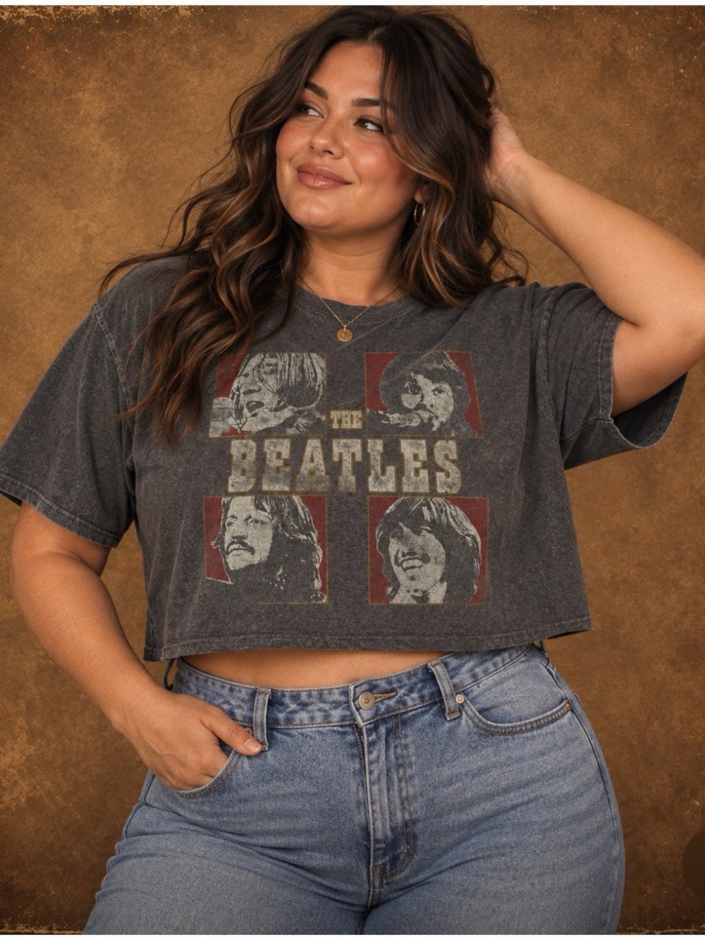 The Beatles Charcoal Washed Cropped Tee with Red Accents